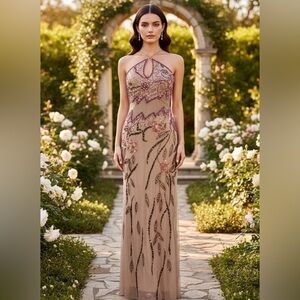 Elegant Floral hand beaded Embellished Evening Gown brand new with tags